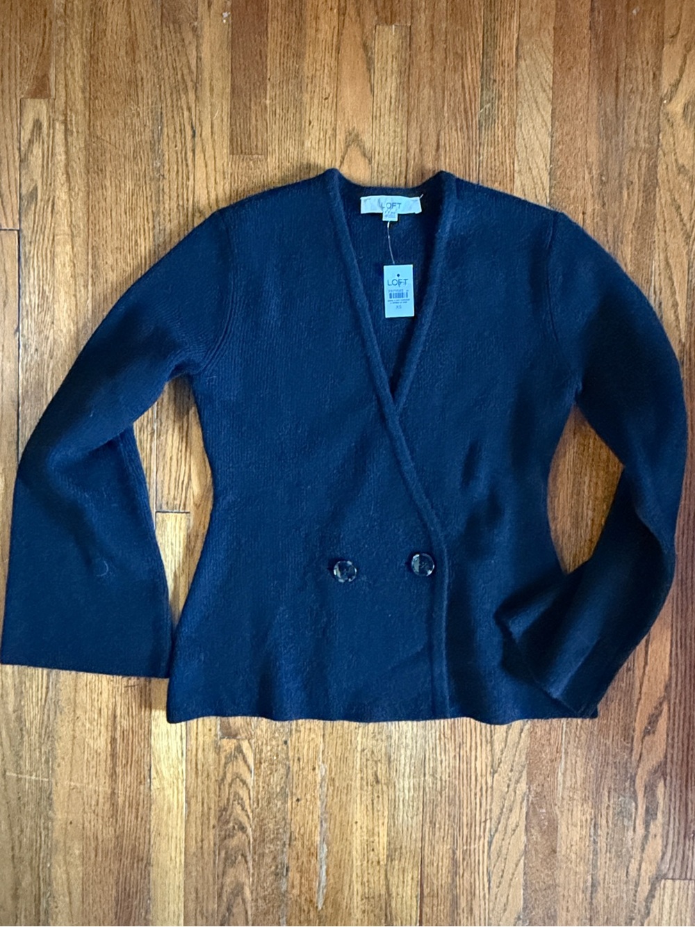 LOFT Black Wrap-Front Buttoned Knit Cardigan Sweater Blazer